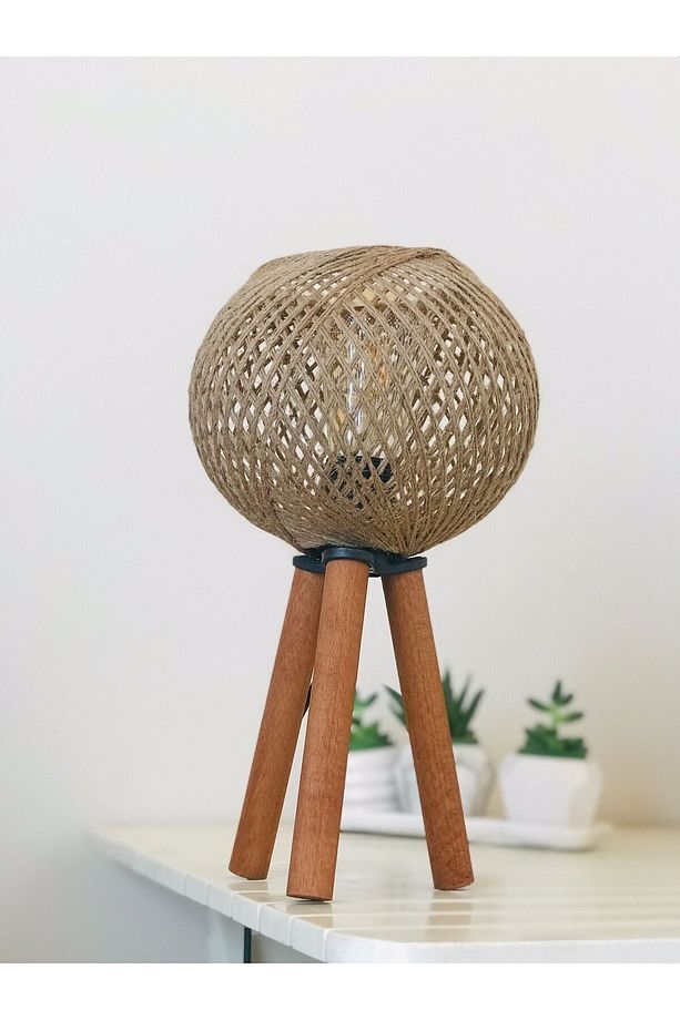 Ahşap 2 ADET Ahşap Üç Ayaklı Abajur Jüt Top Başlıklı Aydınlatma E27 Tripod Haki 31-45 cm 1 - 3