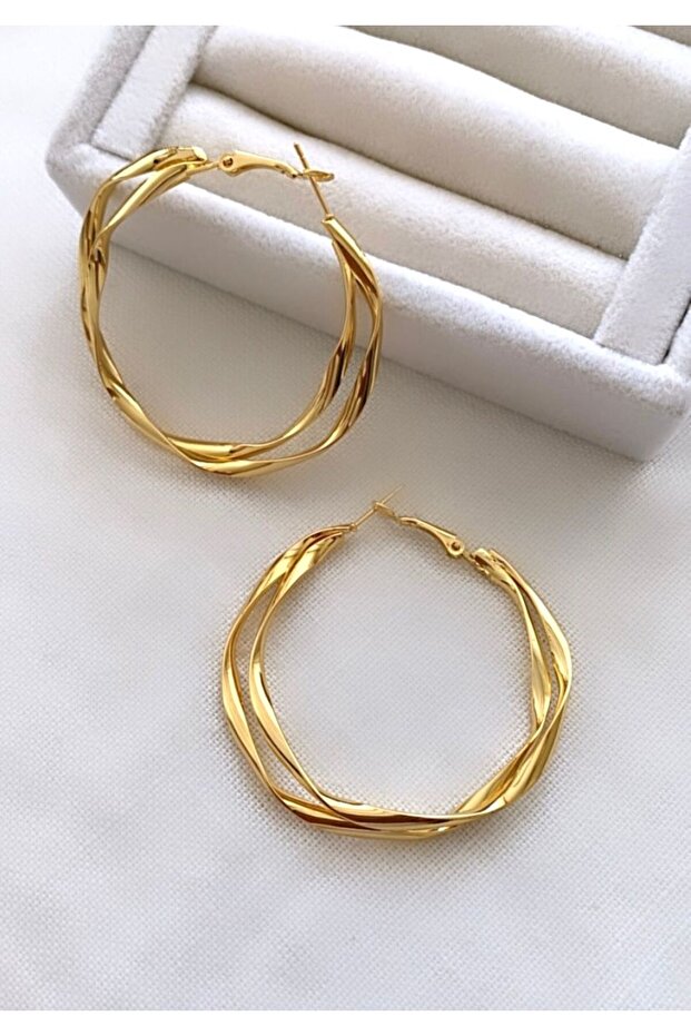 Steel Curved Model Double Look Hoop Earrings (5 cm)