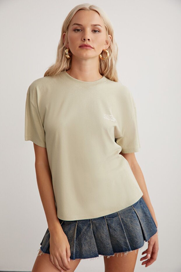 Cherish Kadın %100 Pamuk Bisiklet Yaka Kısa Kollu Baskılı Açık Haki T-shirt - 4