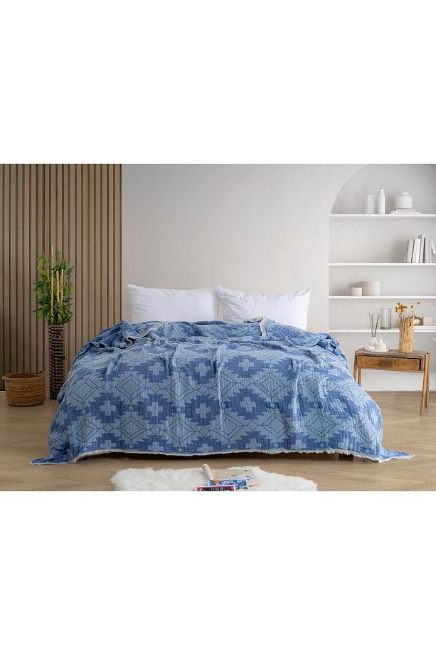 4 Kat Müslin Yatak Örtüsü Pike, %100 Pamuk, Yumuşak Doku, Kilim Desen, Çift Kişilik Pike - 1