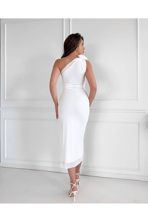 Drape Detaylı Tek Kol Büzgülü Elbise - 2