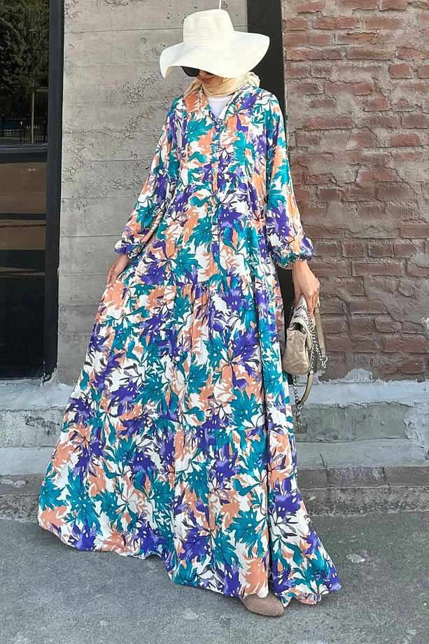 Kadın Desenli Oversize Yazlık Viskon Elbise - 8