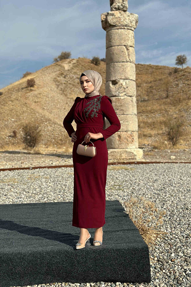 Orkide Abiye - Bordo - 7