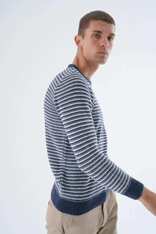 Men's Navy Blue Crew Neck Brass Thessaloniki Nopen Striped 4-Color Wool Knitwear Knitted Sweater