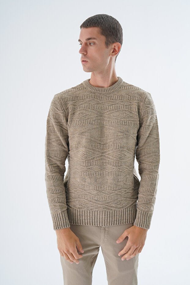 Men's Mink Crew Neck Linx Diamond Patterned Wool Knitwear Knitted Sweater Trist-5332