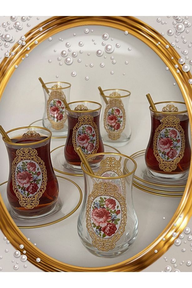 Altın Nostaljik Gül Desenli Model Cam Bardak Tabak 6 Kişilik Çay Seti - 9