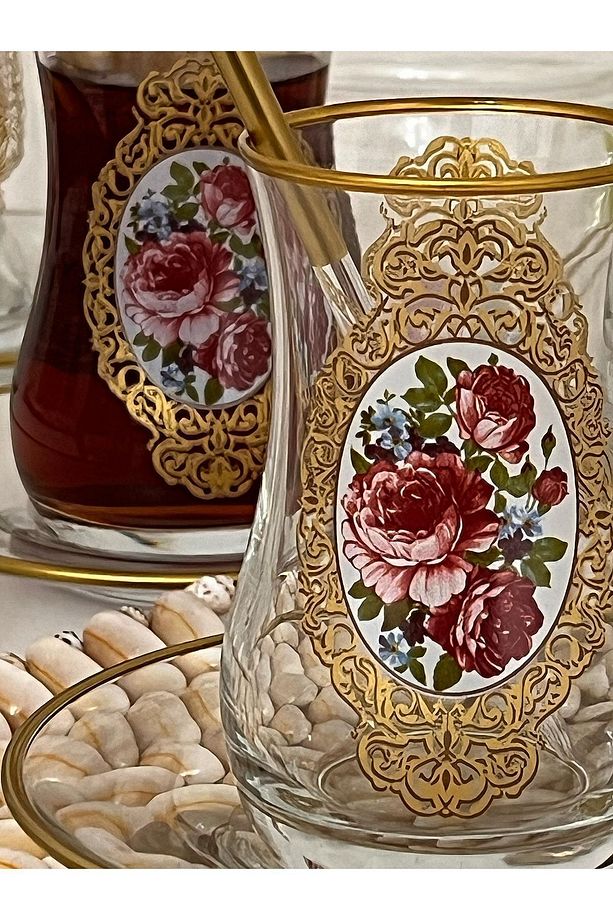 Altın Nostaljik Gül Desenli Model Cam Bardak Tabak 6 Kişilik Çay Seti - 6