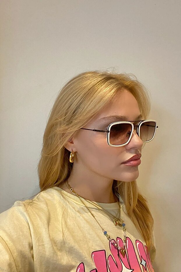 Unisex Women Men Uv400 Protected Cream Brown Square Rectangle Image Sunglasses