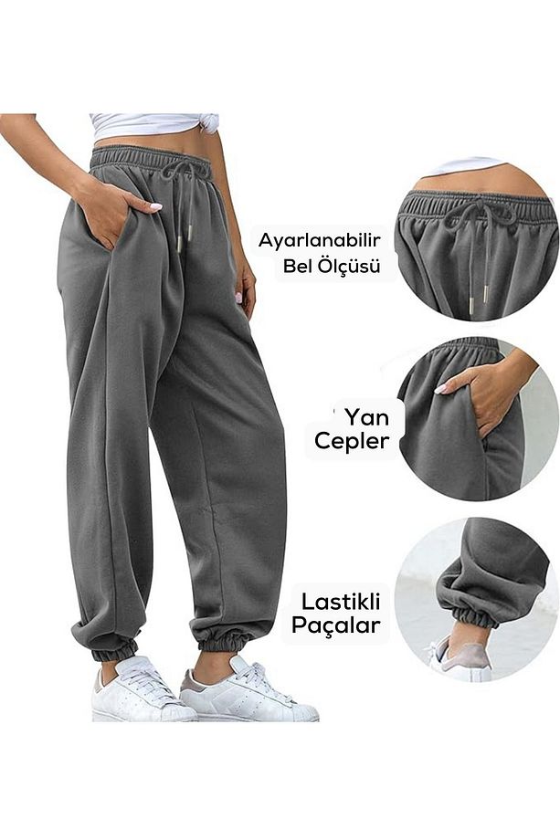 Kadın Koyu Gri Kalın İçi Polarlı Basic Jogger Örme Eşofman Altı - 4