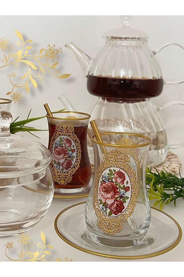 Altın Nostaljik Gül Desenli Model Cam Bardak Tabak 6 Kişilik Çay Seti - 4