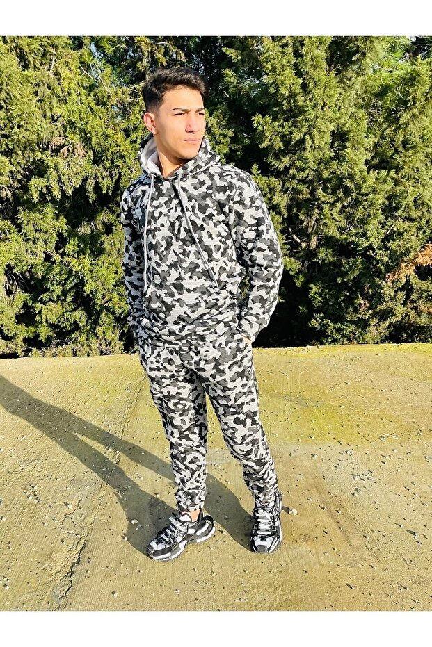 Men's Camouflage Gray Black Hooded 3 Thread Tracksuit Set