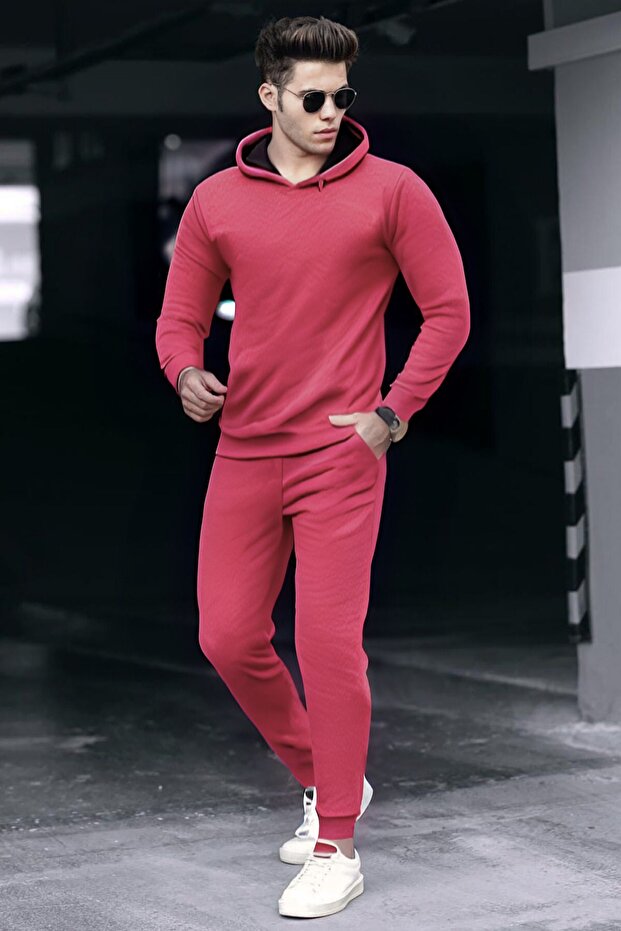 Men's Plum Hooded 3 Thread Raised Leg Elastic Tracksuit Set
