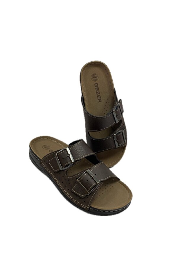 KAFKASLAR DOUBLE BUCKLE LEATHER FULL ORTHOPEDIC STITCHED MEN'S FATHER SLIPPERS