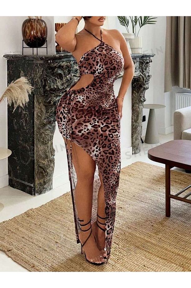 Kadın büzgülü dekolteli leopar elbise - 3