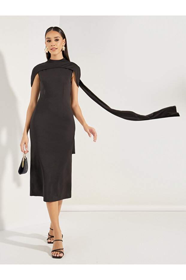 Plain Cape Sleeves Sheath Midi Dress