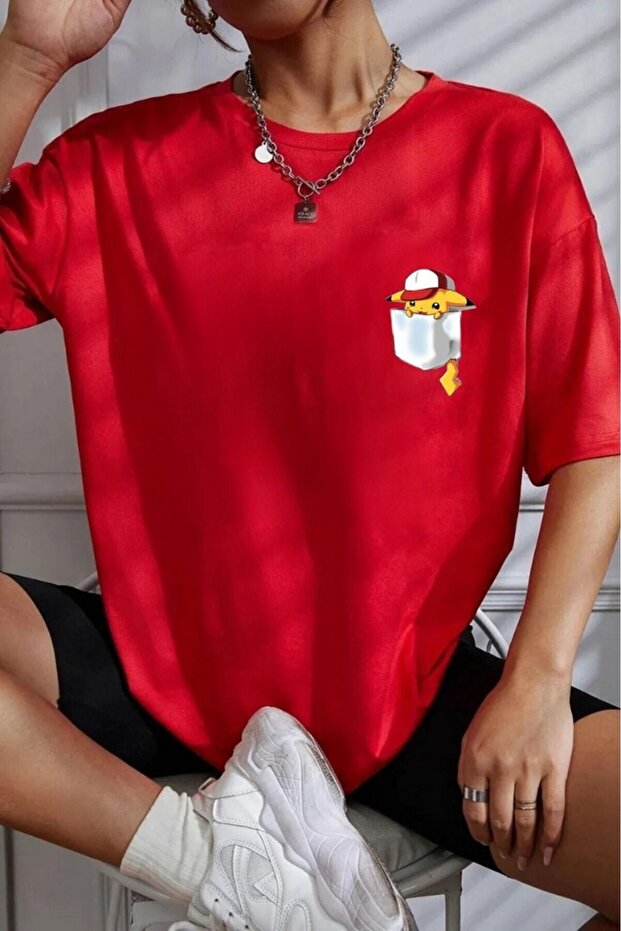 Unisex Pocket Design Pikachu Printed Oversize T-Shirt