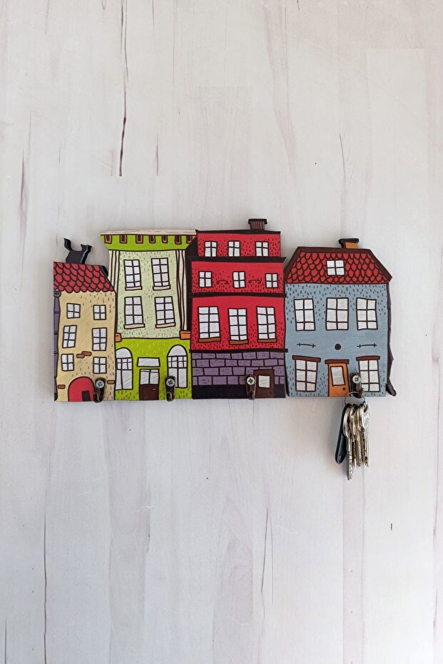 Illustration House Printed Keychain, Special Cutting, Uv Printing on 8 mm Mdf, Keychain with Hanging Device