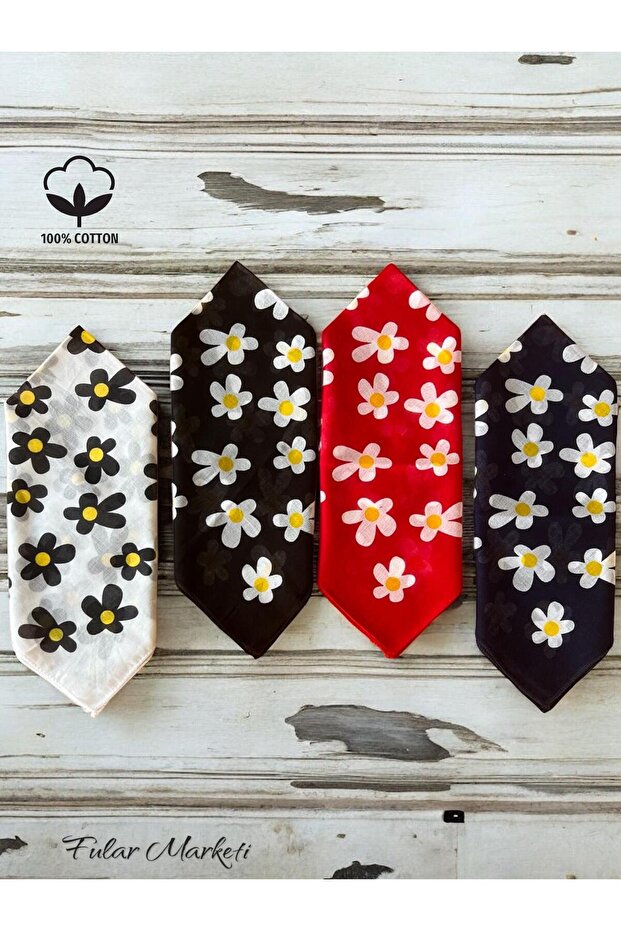 100% Cotton 4 Pieces Daisy Pattern Bandana Black White Red Navy Blue