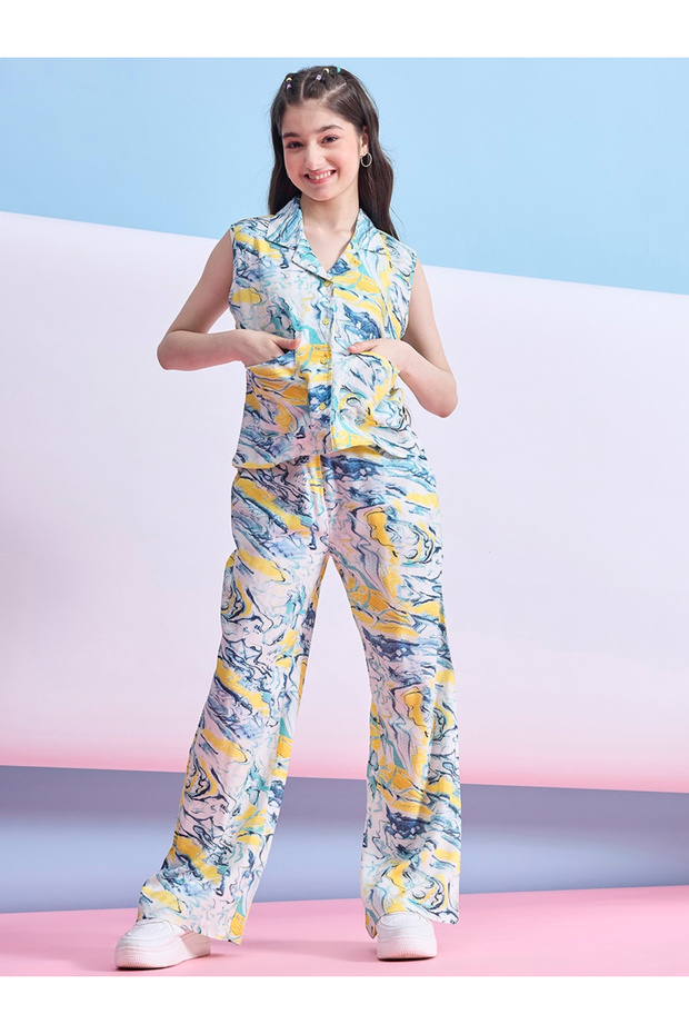 Marble Print Patch Pocket Top & Pants Set