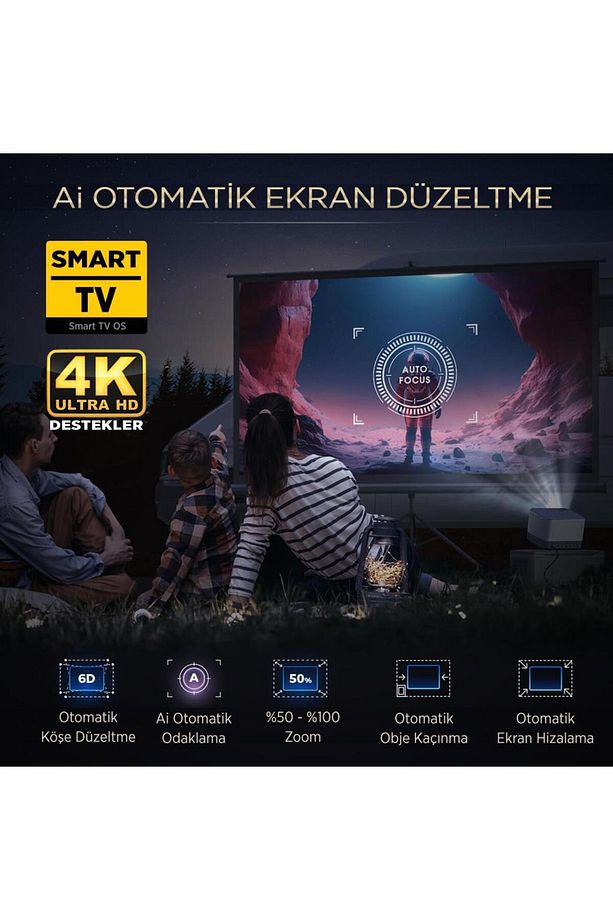 Aurzen Boom 3 4K Android Projeksiyon Cihazı + Auto Focus + Auto Keystone + 6G WiFi + 5.2 Bluetooth + - 4