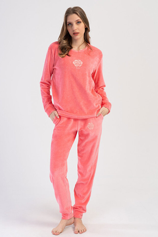 Velvet Women's Pajama Set - Off Shoulder, Long Sleeve