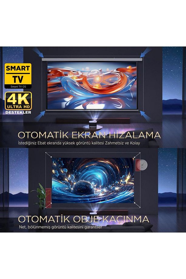 Aurzen Boom 3 4K Android Projeksiyon Cihazı + Auto Focus + Auto Keystone + 6G WiFi + 5.2 Bluetooth + - 6