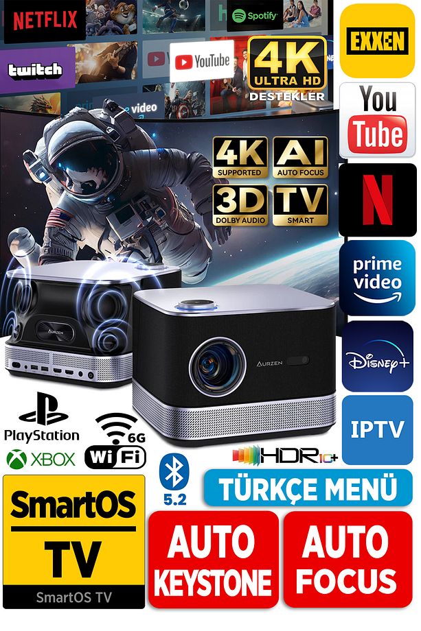 Aurzen Boom 3 4K Android Projeksiyon Cihazı + Auto Focus + Auto Keystone + 6G WiFi + 5.2 Bluetooth + - 1