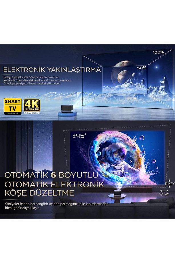 Aurzen Boom 3 4K Android Projeksiyon Cihazı + Auto Focus + Auto Keystone + 6G WiFi + 5.2 Bluetooth + - 5