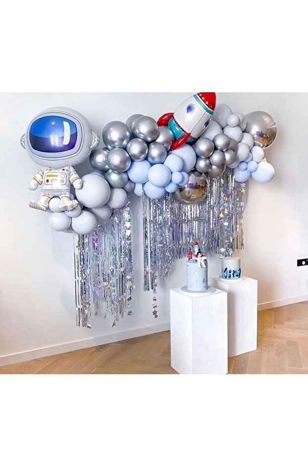 Space Concept Blue Gray Silver Chrome Balloon Chain Set 65 Pieces