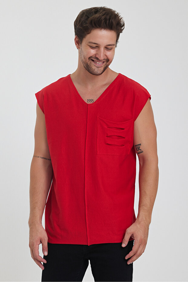 V-Neck Dirty Cut Detailed Pocketed Zero Sleeve T-Shirt Comfortable Cut