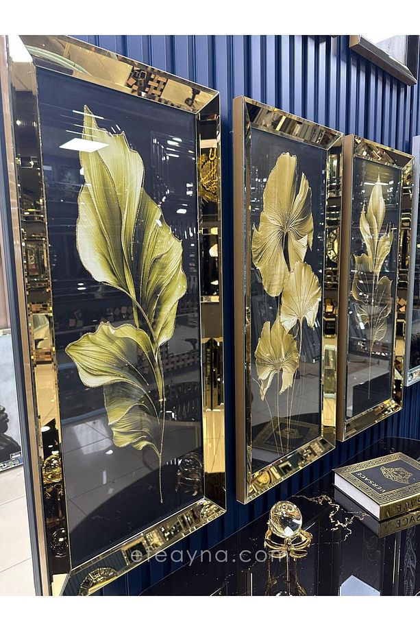 YAPRAK- 3'LÜ GOLD AYNA TABLO SETİ-40x90cm  (40x90cm  x 3adet tablo ) - 3