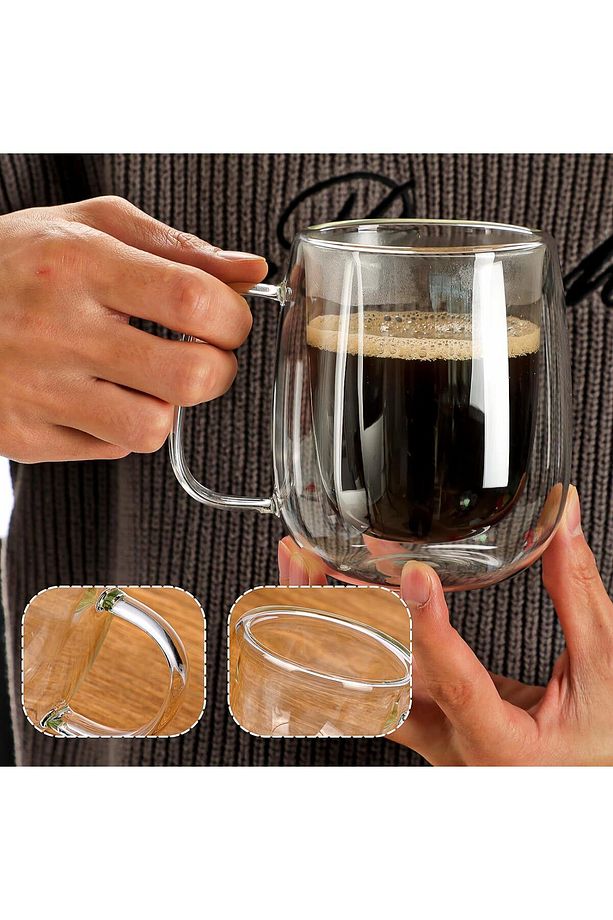 4 Adet Çift Cidarlı 250 Ml Kulplu Cam Çay Kahve Süt Kupa,  Borosilikat Bardak - 3