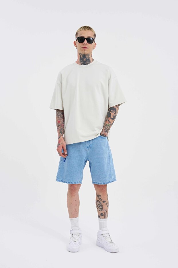 Erkek Basic Açık Mavi Jean Şort - 6