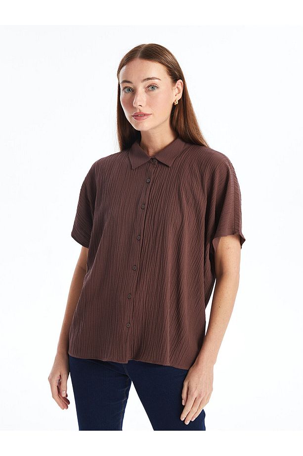 LCW Düz Kısa Kollu Oversize Kadın Gömlek - 1
