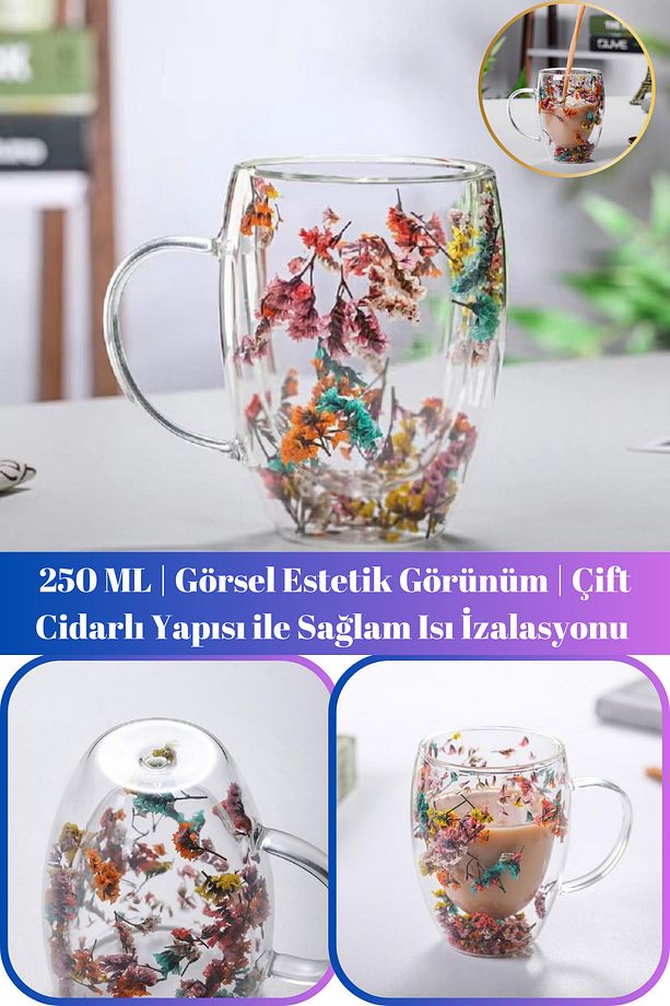 Çift Cidarlı | Çift Camlı |  Kurutulmuş Çiçekli Kupa Bardak - 1