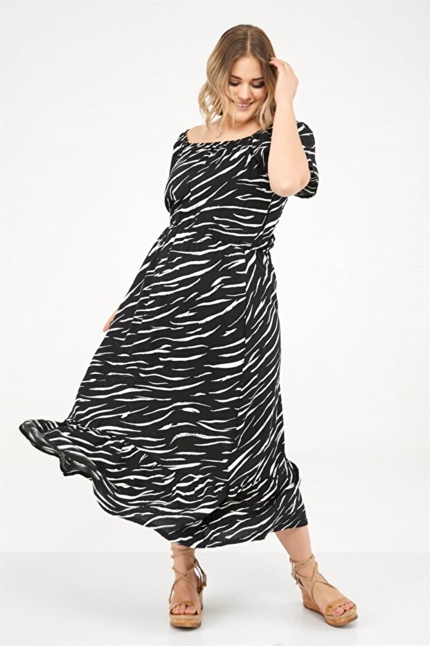 Large Size Women's Long Dress with Elastic Collar and Frilly Hem and Zebra Pattern - Black