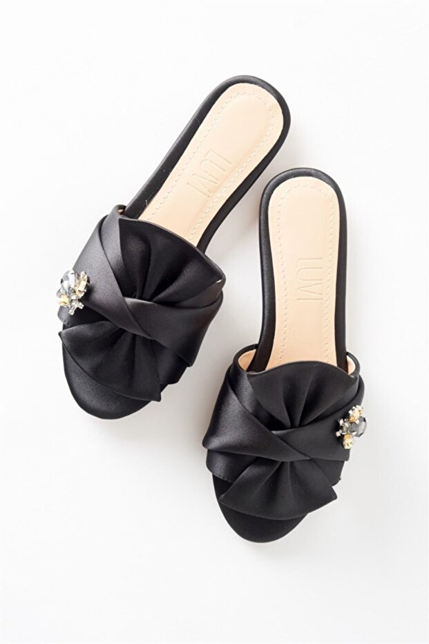 T01 Black Satin Stone Women's Slippers