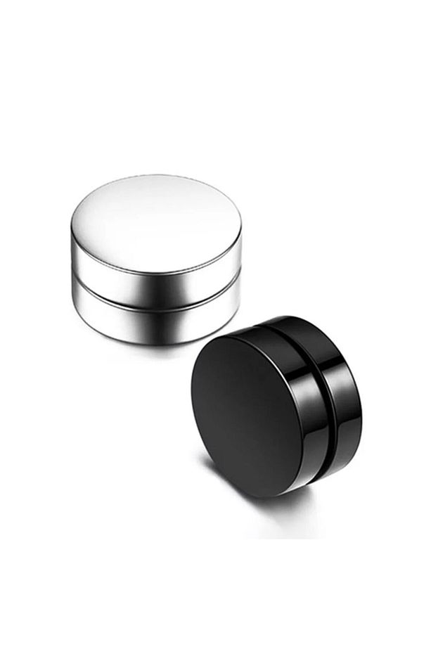 2 Adet Set Siyah Gümüş Düz Yuvarlak Mıknatıslı Erkek Küpe 8mm Mıknatıs Çelik Manyetik - 6