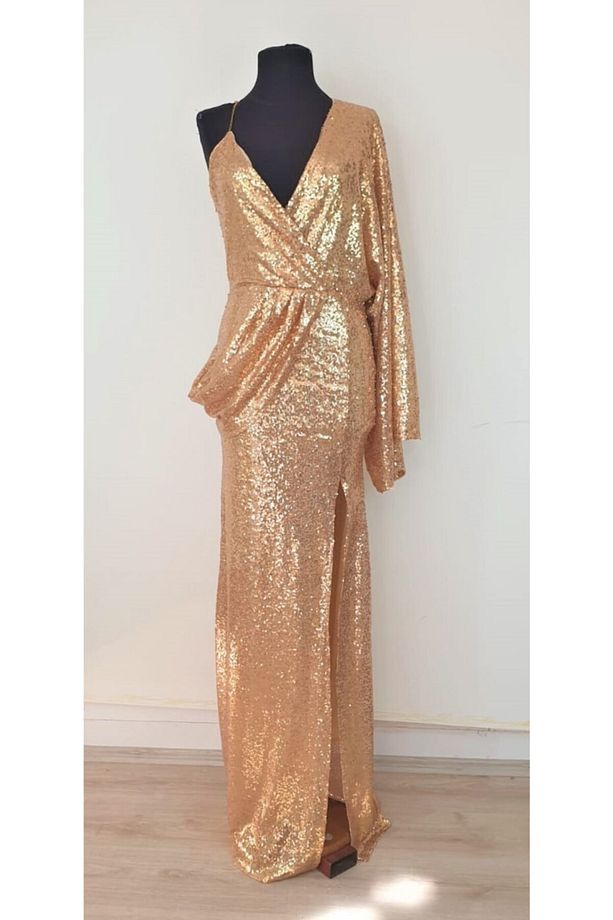 Gold Payet Tek Omuz Maxi Elbise - 1
