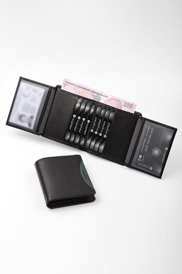 Genuine Leather Men's Wallet 13660-black-green