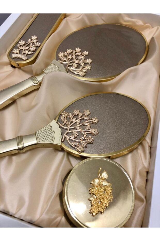 Hediyelik Ayna Tarak Seti Elbise Fırçası Bohça Çeyiz Seti Söz Nişan Kına Çeyiz 4 Parça Gold Simli - 1