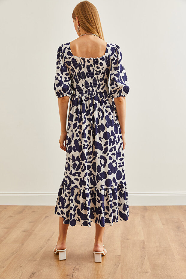 Kadın Leopar Lacivert Roba Gipeli Midi Örme Elbise ELB-19002108 - 5