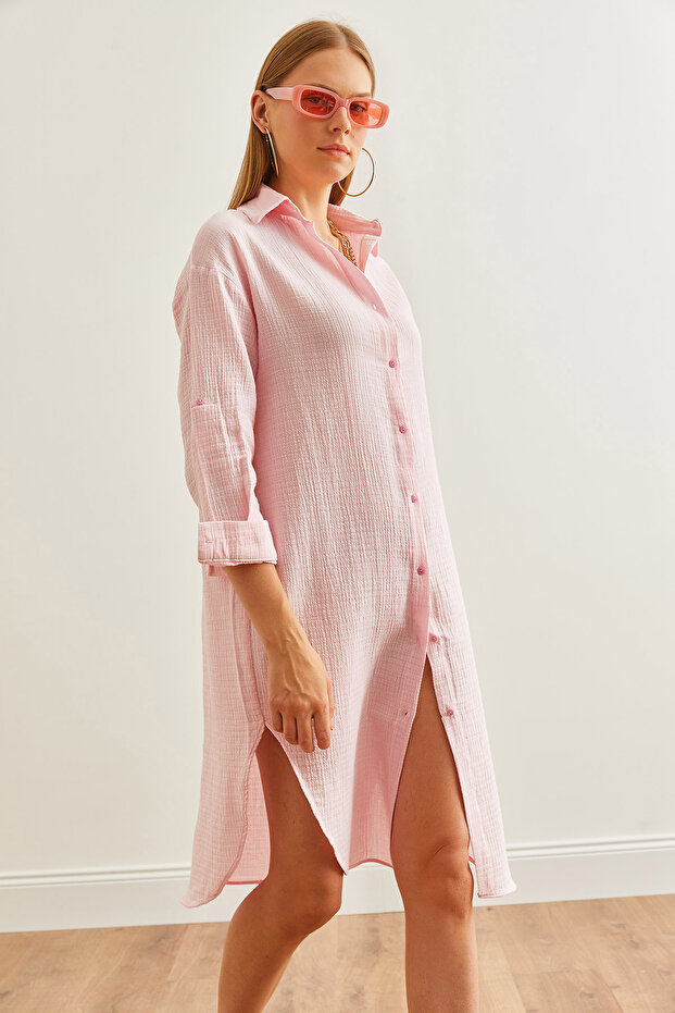 Women's Candy Pink Muslin Shirt Dress with Oval Slits on the Sides Elb- 19002243