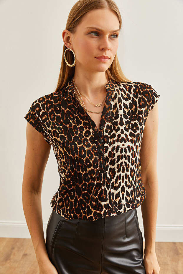 Women's Stone Leopard V-Neck 4-Button Viscose Blouse Blz- 19000279