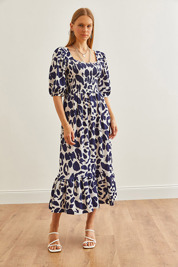 Kadın Leopar Lacivert Roba Gipeli Midi Örme Elbise ELB-19002108 - 2