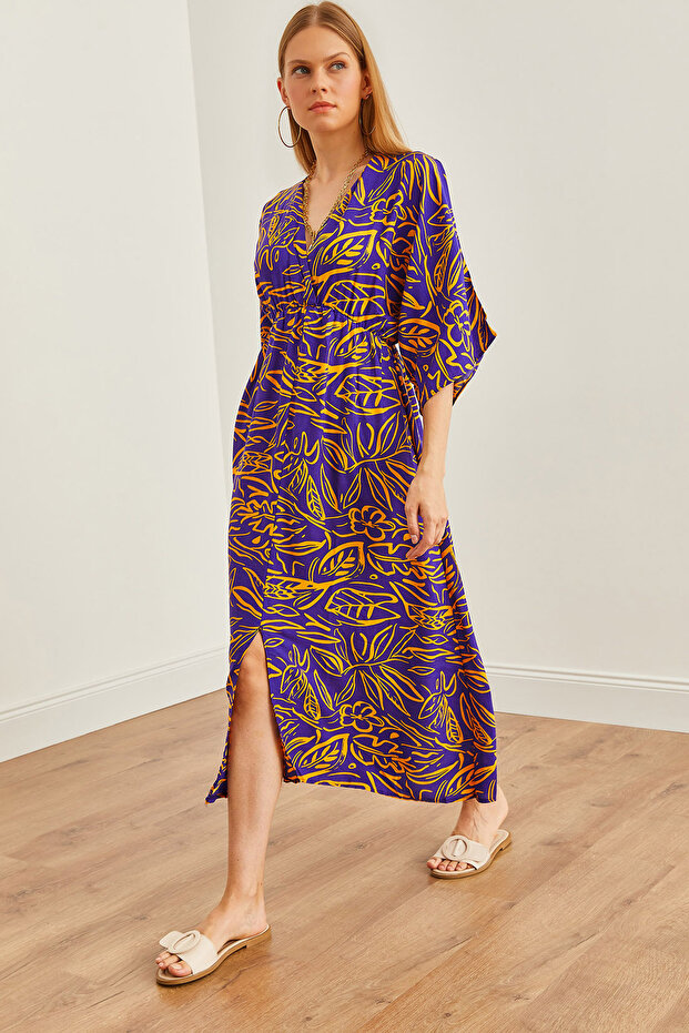 Purple Orange Double Breasted Collar - Elastic Waist Slit Women's Woven Dress ELB- 19002241