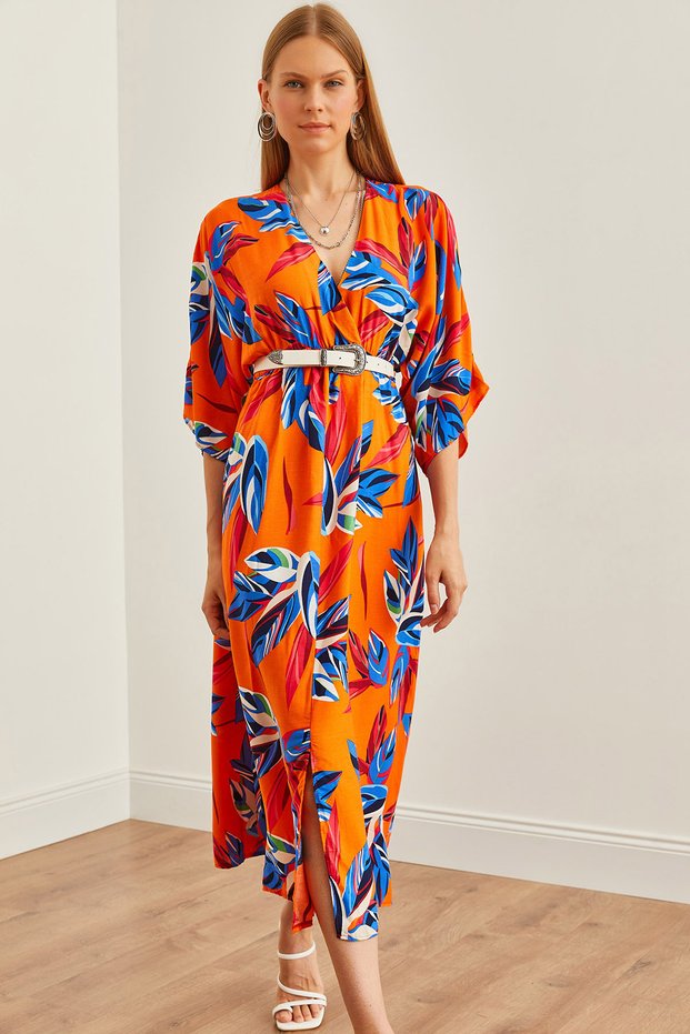 Women's Orange Palm Tree Double Breasted Collar Elastic Waist Slit Woven Dress Elb-19002241
