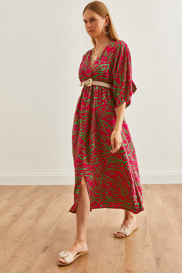 Women's Fuchsia Green Double Breasted Collar Elastic Waist Slit Woven Dress Elb-19002241