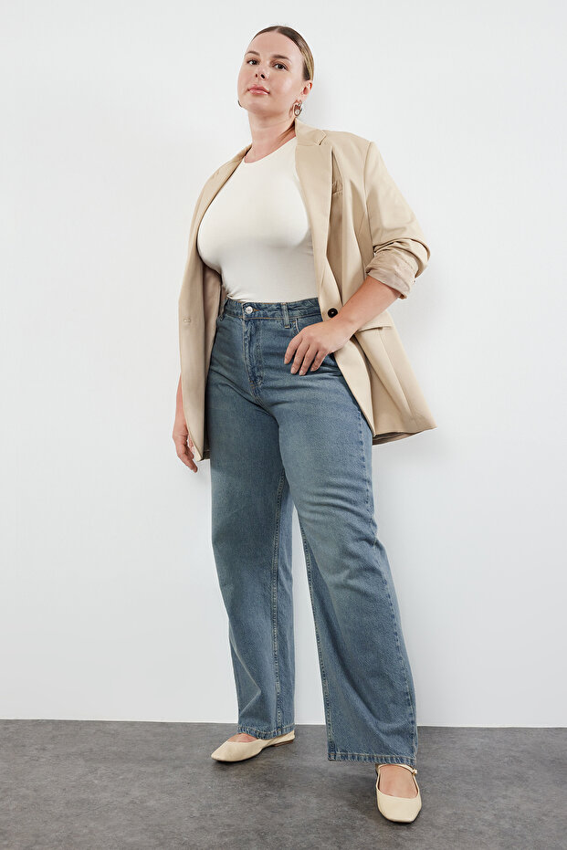 Mavi Yüksek Bel Soluk Efekt Vintage Yıkama Straight Fit %100 Pamuk Non-Stretch Jeans TBBSS24CJ00042 - 2