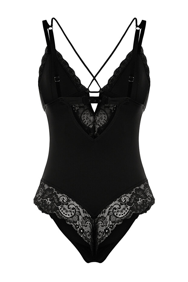 Čierna mikro čipka lemovanie podrobný povrazový popruh pletené body Thmaw25Bd00004 - 9